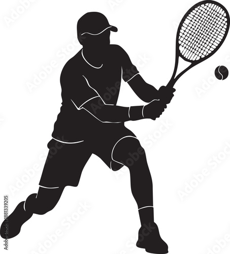 Silhouette of Tennis Player in Black and White Preparing Backhand Stroke on Court sports athlete