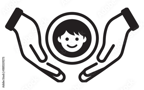 Protecting and caring for a happy child with open hands