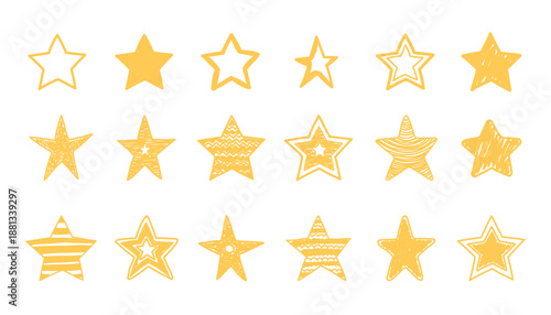 Yellow hand drawn stars with different shapes, outlines, and textured fills