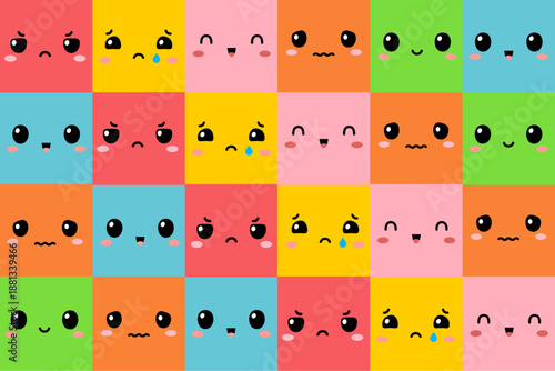 Cute colorful cartoon faces with different emotions in a grid pattern. Kawaii flat design style illustration, playful and vibrant, kids content, backgrounds, wallpapers, stickers, and creative project