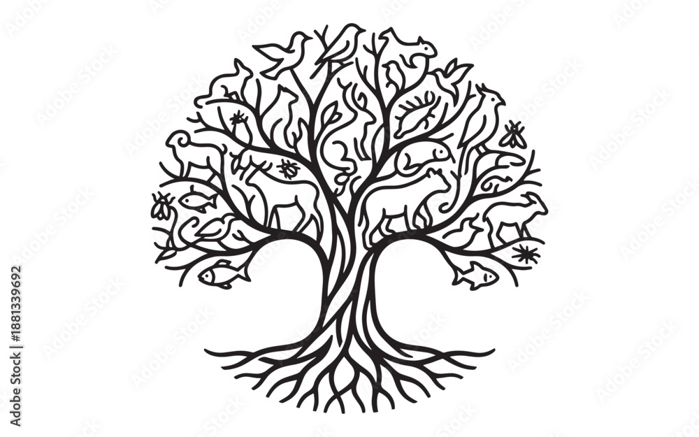 Fototapeta premium Stunning tree of life with animals and birds in elegant black line art