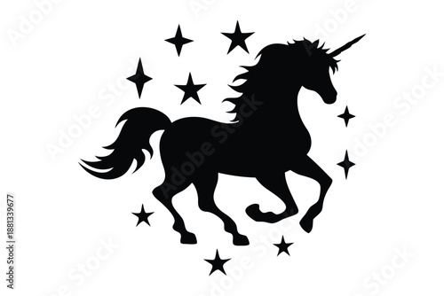 Unicorn with sparkling stars silhouette vector, magical fantasy horse vector