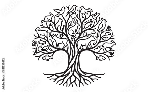 Stunning tree of life with animals and birds in elegant black line art