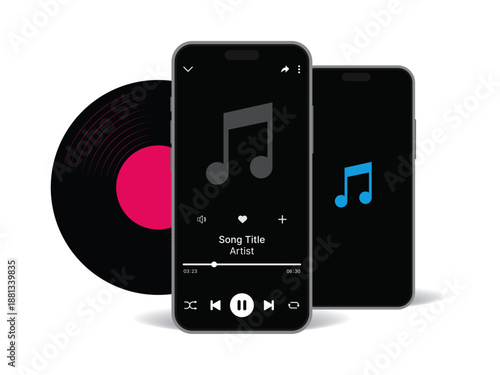 Modern Music Player App Interface on Smartphone with Audio Playback Controls and Vinyl Record Design