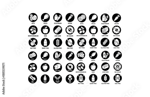 Round icons representing dietary lifestyles and food restrictions keto paleo
