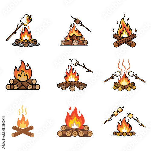 Cartoon campfire and marshmallow roasting vector set