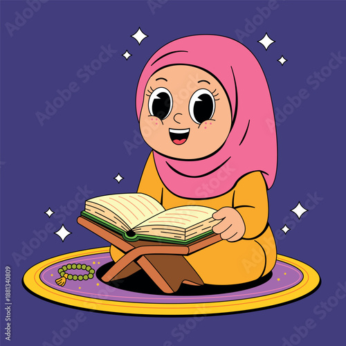 Muslim Girl Reading Quran on Prayer Mat