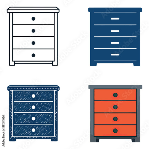 Stylized chest of drawers set featuring various design interpretations for home furnishing