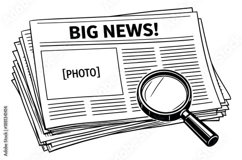 Hand drawn line art illustration of a stack of newspapers and a magnifying glass depicting big news for journalism