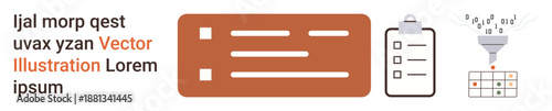Data collection, organization, workflow management, task prioritization, digital systems, database creation. Brown form shape, checklist clipboard and funnel diagram. Data collection