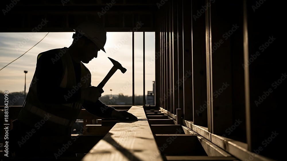 Fototapeta premium Construction worker silhouetted against the sunset hammering wood on a building site.