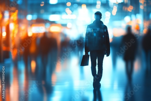 A blurred background of people walking around at an international business conference, Generative AI