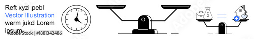 Work-life balance, finance management, time efficiency, resource allocation, investment strategy, decision making. Visual of scales with clock, money bag and house icons. Time efficiency and finance