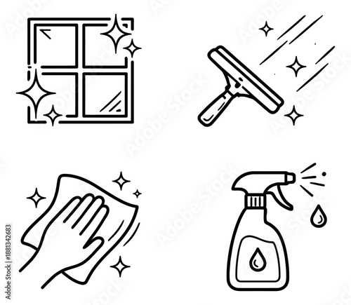 Hand drawn line art cleaning icons set featuring a window, squeegee, hand wiping and spray bottle for housekeeping