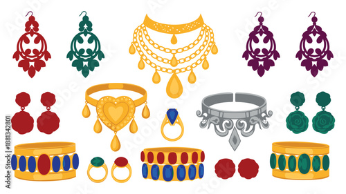 Colorful Jewelry Collection with Earrings, Necklaces, and Rings on White Background