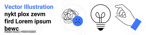Mental health, creativity, problem solving, innovation, emotional support, brainstorming. A sad face with scribbles, a lightbulb and a hand. Mental health and creativity concepts