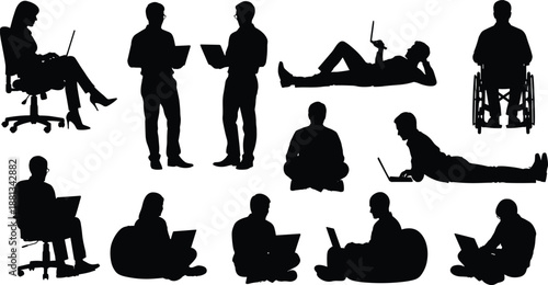 Black Silhouette Collection of Diverse People Using Laptops in Various Poses Including Sitting Standing Lying Down and Wheelchair User for Remote Work Concept Illustration