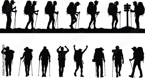 Black Silhouette Collection of Hikers and Trekkers with Backpacks and Walking Poles Isolated on White Background for Outdoor Adventure Exploration and Mountain Travel Concept