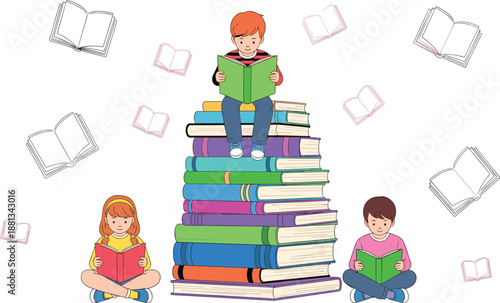 Children reading books illustration featuring kids sitting on floor and stack of books for school education library concept and literacy day background