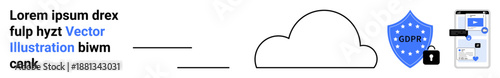 Data security, GDPR compliance, cloud computing, privacy protection, cybersecurity, mobile technology. Blue shield with GDPR text, cloud and mobile interface. Data security and GDPR compliance