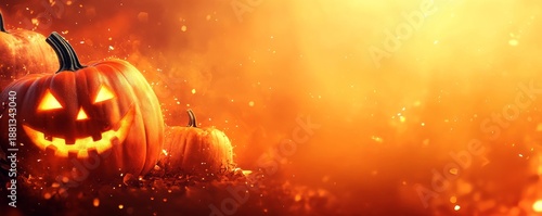 Halloween pumpkins with glowing faces on an orange background with blurred lights and copy space for design, a banner template, Generative AI