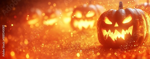 Halloween pumpkins with glowing faces on an orange background with blurred lights and copy space for design, a banner template, Generative AI