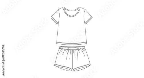 Minimalist line drawing of short sleeve pajama set isolated on white background, featuring a casual top and shorts design