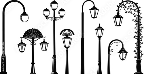 Elegant collection of black vector silhouettes featuring various street lamp designs including vintage wrought iron lampposts, modern garden lights, and ornate classical outdoor lighting poles.