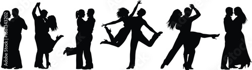 Elegant Collection of Professional Ballroom and Latin Dance Couple Silhouettes Featuring Romantic Poses Salsa Tango and Swing Movements Isolated on White Background for Design