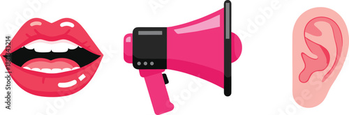 Flat Vector Illustration Collection Featuring Open Human Mouth Megaphone Speaker and Ear Concept Symbols for Communication Marketing Social Media and News Isolated on White
