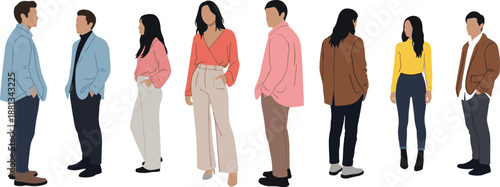 Flat Vector Illustration Set of Diverse Young Men and Women in Stylish Modern Outfits Standing in Different Poses Isolated on White for Fashion Branding