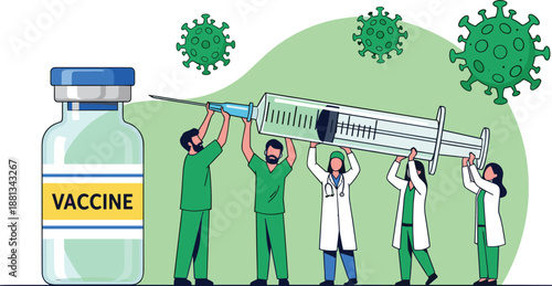 Group of Medical Professionals Working Together to Carry Large Syringe for Vaccine Development Immunization Program and Global Viral Pandemic Protection Healthcare Concept Vector Illustration