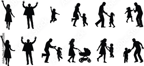 High Quality Silhouette Collection of Happy Families Parents and Children Playing Jumping and Walking with Stroller Isolated on White Background for Diverse Graphic Design Projects