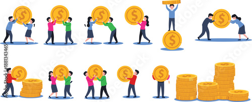 People Working Together Carrying and Stacking Large Gold Dollar Coins for Financial Success Business Investment Wealth Management Teamwork and Economic Growth Concept Vector Illustration