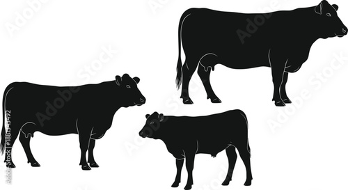 Set of black vector silhouettes featuring a bull, a dairy cow, and a small calf representing cattle farming, livestock agriculture, and domestic farm animals.