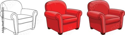 Three Stages of Vector Illustration Featuring a Classic Red Armchair Showing Line Art Flat Color and Detailed Shaded Render for Furniture Design Concepts