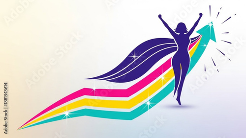 Woman celebrating success with rising colorful arrow graph symbolizing achievement and growth