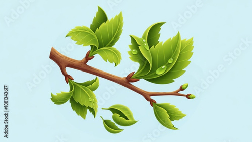 Vibrant green leaves on a brown branch with dew drops against a light blue background symbolizing nature and growth