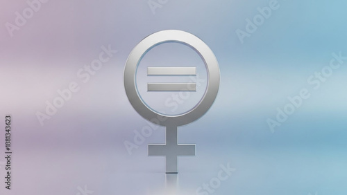Silver equal sign symbol on female gender sign on pastel background representing equality and feminism