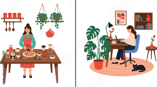 Two flat vector illustrations showing a woman balancing life by cutting a homemade pizza in the kitchen and working on a laptop at home.