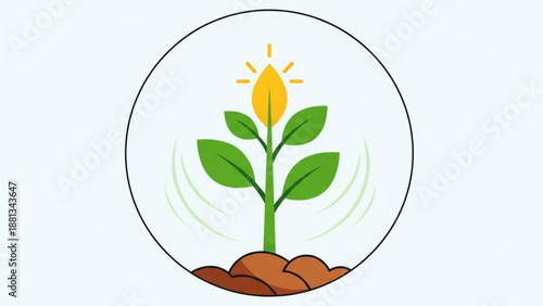 Sprouting seedling growing in soil with green leaves and yellow flower bud reaching for sunlight in a circular frame