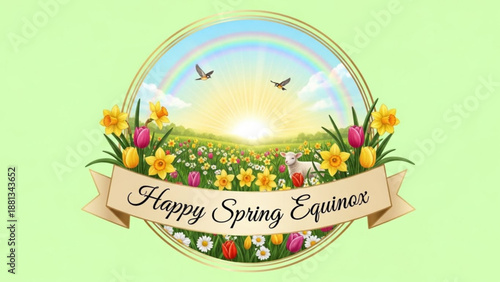 Vibrant spring equinox banner with rainbow flowers and birds in flight at sunrise