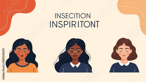 Diverse group of three young women with different hairstyles and glasses on a beige background with orange accents