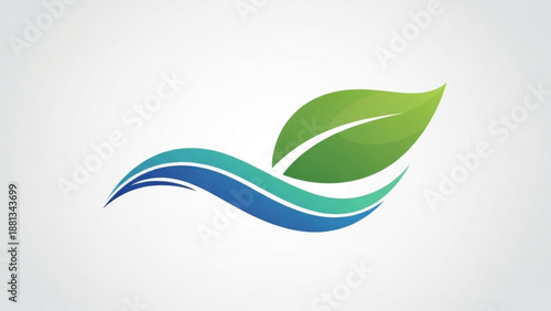 Eco friendly leaf symbol with wavy blue and green lines representing nature and sustainability on a white background