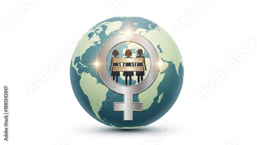 Global teamwork and gender equality concept with diverse people on a globe