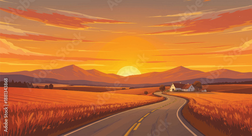 Country highway through wheat, sunset horizon, ad backdrop. Rural farmland road, golden fields, travel marketing art. Harvest landscape scene, open sky, banner background