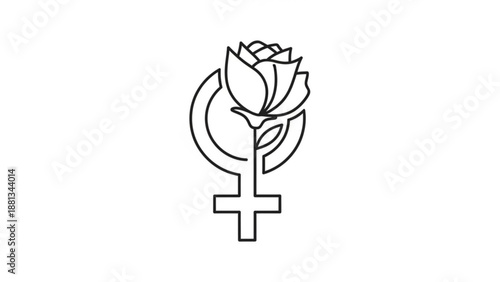 Feminist symbol with venus sign and lotus flower on white background representing female power and spirituality in a simple line art style