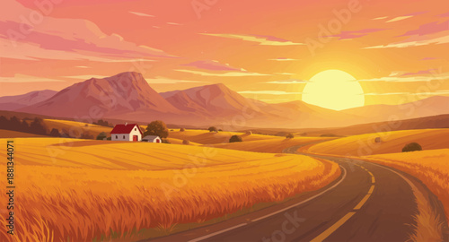 Rolling farmland sunrise, curving road, farmhouse backdrop. Pastoral hills scene, bright sun, rural travel banner. Golden meadow route, distant home, marketing cover art