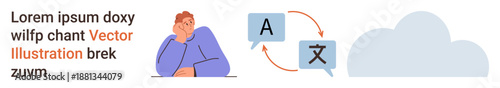Language learning, translation services, cloud technology, communication tools, online education, globalization. Person thinking with speech bubbles showing translation symbols and a cloud. Language