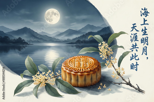 A poetic Chinese postcard design. A delicate ink-wash painting style background of distant mountains and a tranquil lake under a full moon. In the foreground, a realistic mooncake 